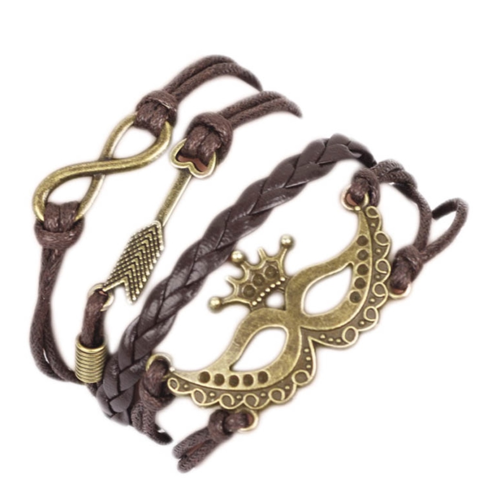 Crown Mask Arrow Infinity Leather Charm Bracelet